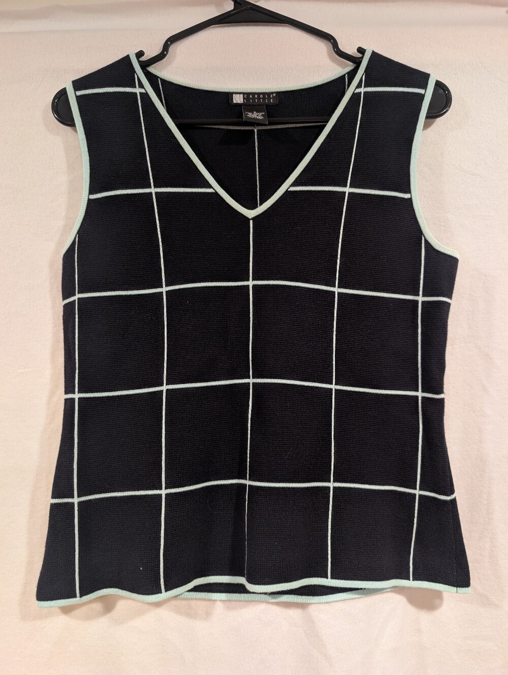 Carole Little Vintage Sweater Vest Small Grid Print Mint Blue V-Neck Knit Tank S